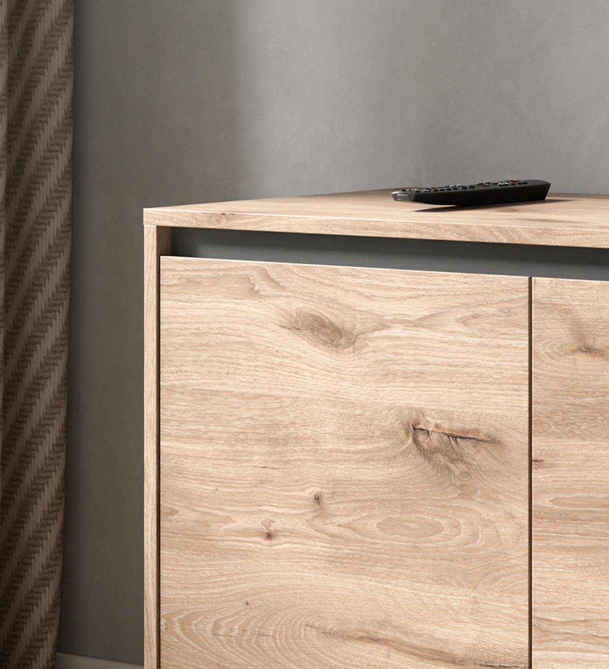 TV-LOWBOARD Eiche Viking 184 cm, Flat-TV Unterschrank mit Komforthöhe und Soft-Close - Eichefarben/Schwarz, Holz/Holzwerkstoff (184/64/40cm) - Inn.Furn