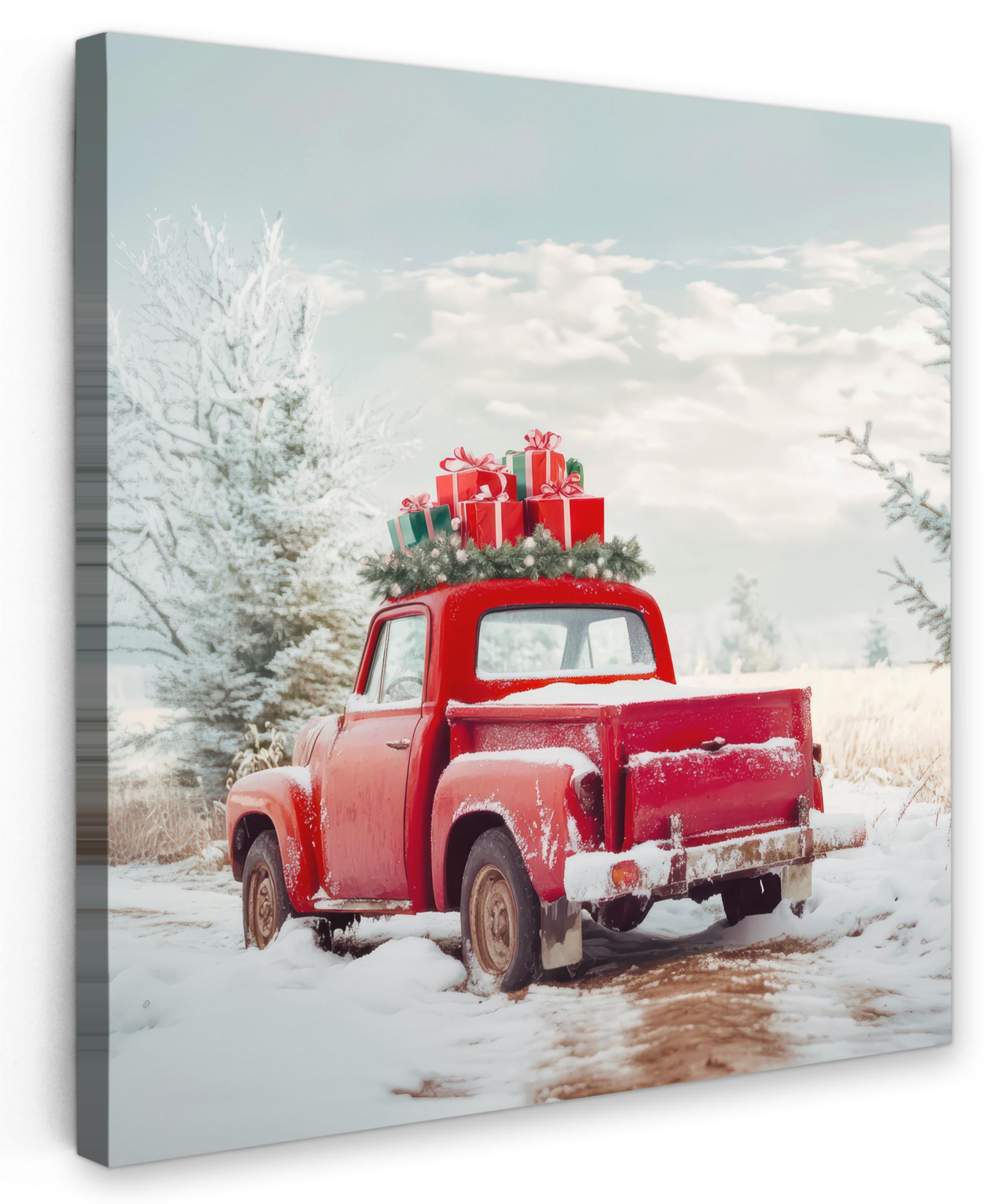 LEINWANDBILD Auto - Rot - Geschenke - Winter - Schnee - Weihnachten Wandbild Wohnzimmer 50x50 cm - Rot, Textil (50/50cm) - MuchoWow