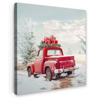 LEINWANDBILD Auto - Rot - Geschenke - Winter - Schnee - Weihnachten Deko Groß 90x90 cm - Rot, Textil (90/90cm) - MuchoWow