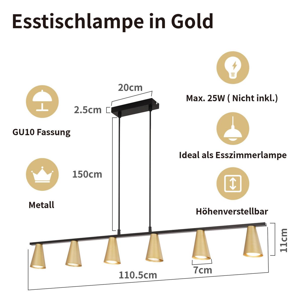 PENDELLEUCHTE Violet 110/7/160 cm - Goldfarben, Metall (110/7/160cm) - ZMH