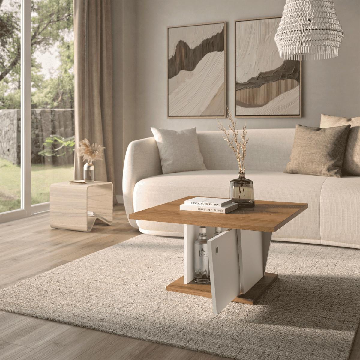 COUCHTISCH Bar Dekor Weiß und Eiche ATOS 69/69/38 cm - Eschefarben, Holzwerkstoff (70.5/69/38cm) - Calicosy