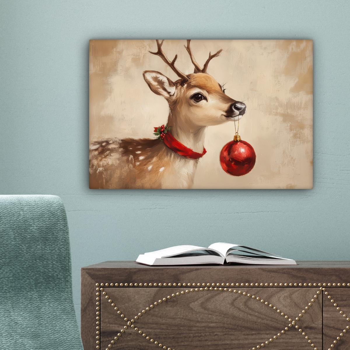 LEINWANDBILD Weihnachten - Hirsch - Geweih - Weihnachtskugel - Rentier Deko Schlafzimmer 30x20 cm - Hellbraun, Textil (30/20cm) - MuchoWow