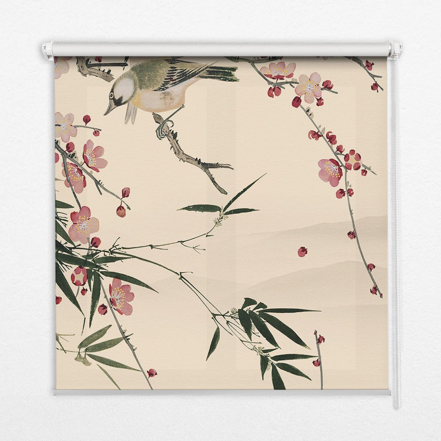 INNENROLLO - Fensterrollo - Rollo - 110x140 cm - Kirschblüte und Vogel - Weiß, Kunststoff (110/140/0.5cm) - TULUP
