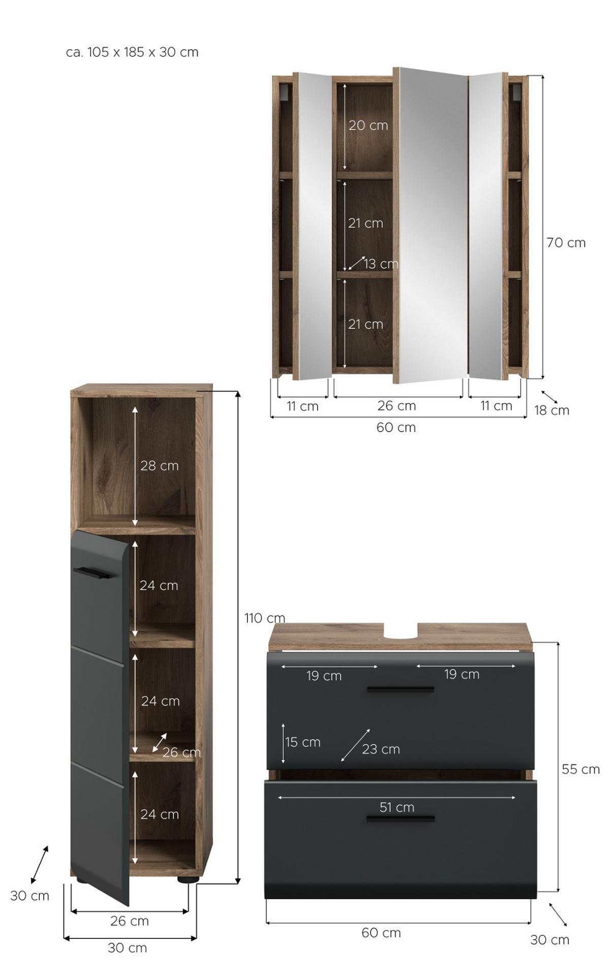BADMÖBEL-SET 3-teilig schwarz matt, Nox Eiche, Badkombination 105 x 185 cm - Eichefarben/Schwarz, Glas/Holzwerkstoff (105/185/30cm) - Inn.Furn