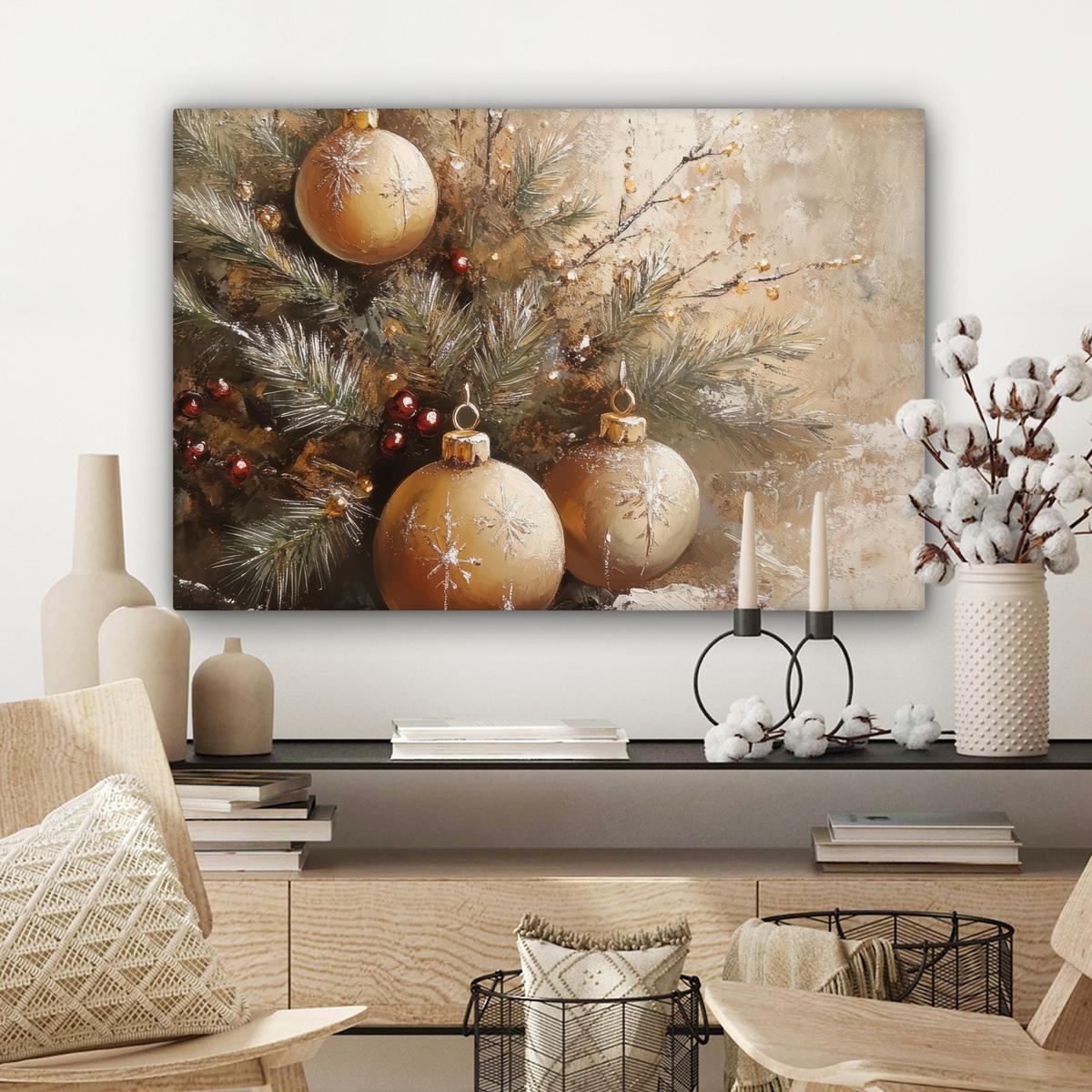 LEINWANDBILD Weihnachten - Kugeln - Beige - Gold Wanddeko 90x60 cm - Goldfarben, Textil (90/60cm) - MuchoWow