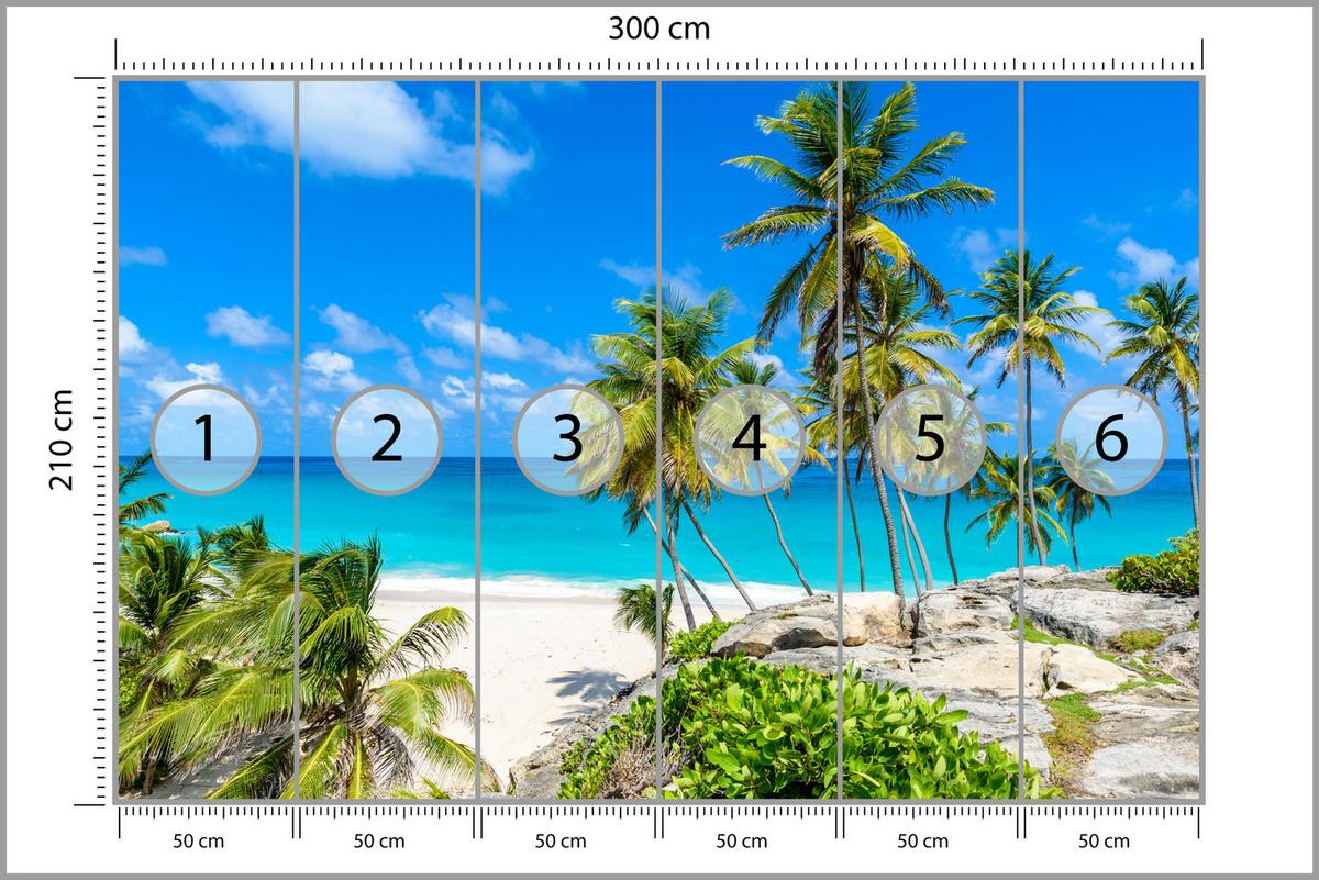 FOTOTAPETE Strand Palmen Ozean Landschaft 3D 300x210 - Blau/Beige, Papier (300/210cm) - Muralo