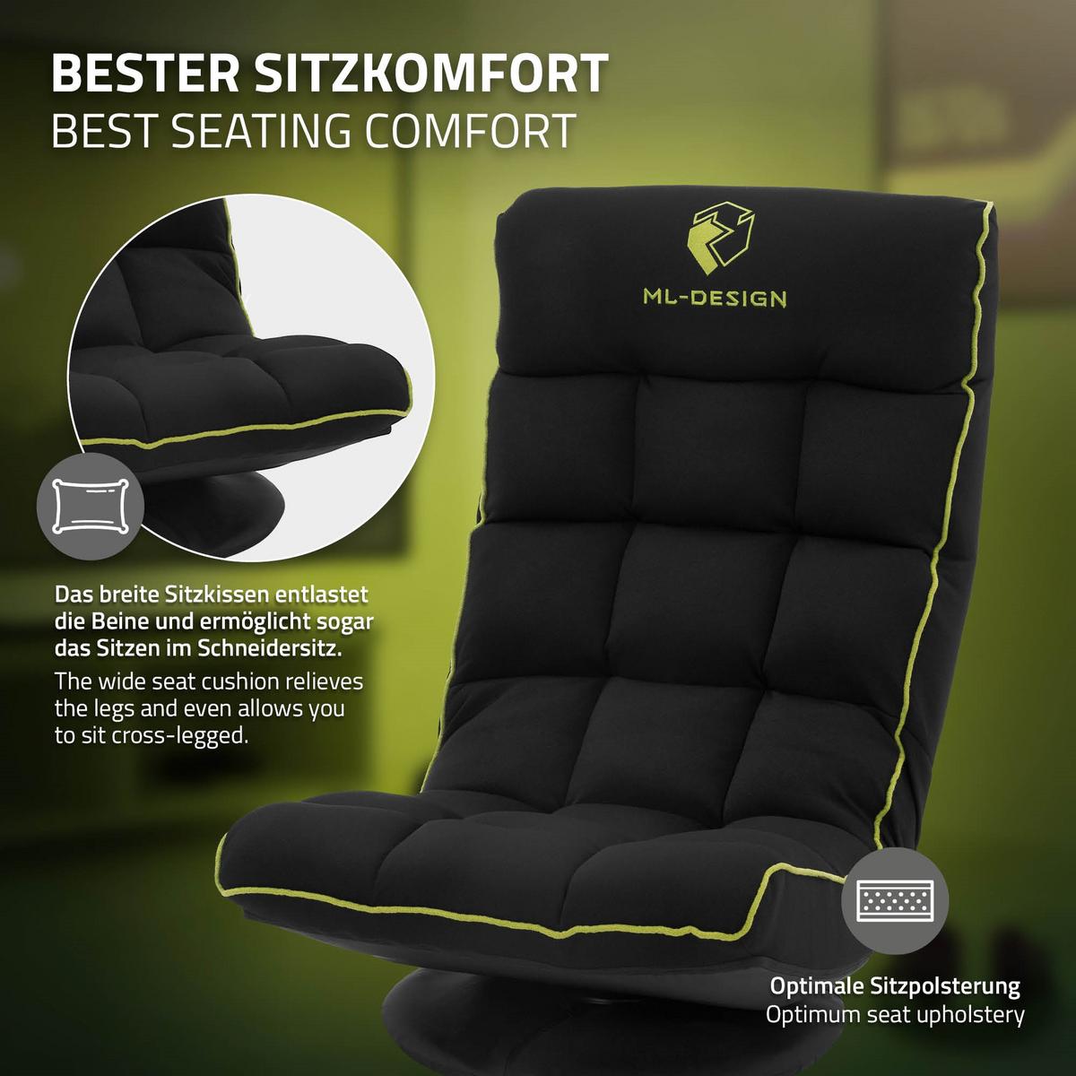 GAMING BODENSTUHL Schwarz-Grün Stoffbezug 360° drehbar & verstellbar - Schwarz/Grün, Textil (56/85/92cm) - ML-DESIGN