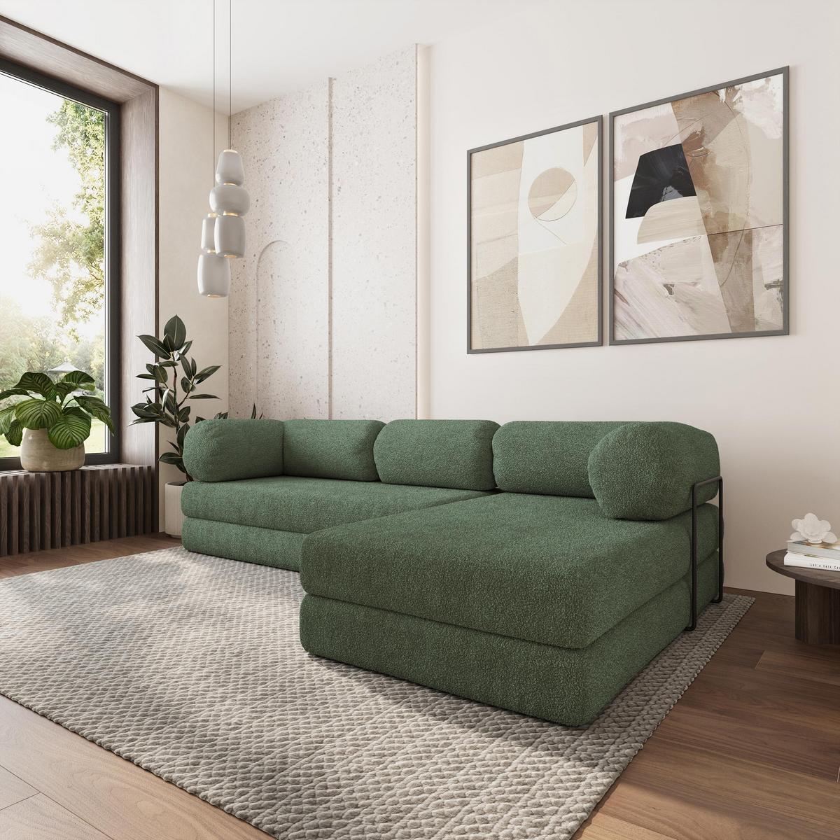 ECKSOFA KELI modulares Boneless Sofa mit Schlaffunktion Grün Boucle-Stoff - Grün, Textil (270/160cm) - MASSENO