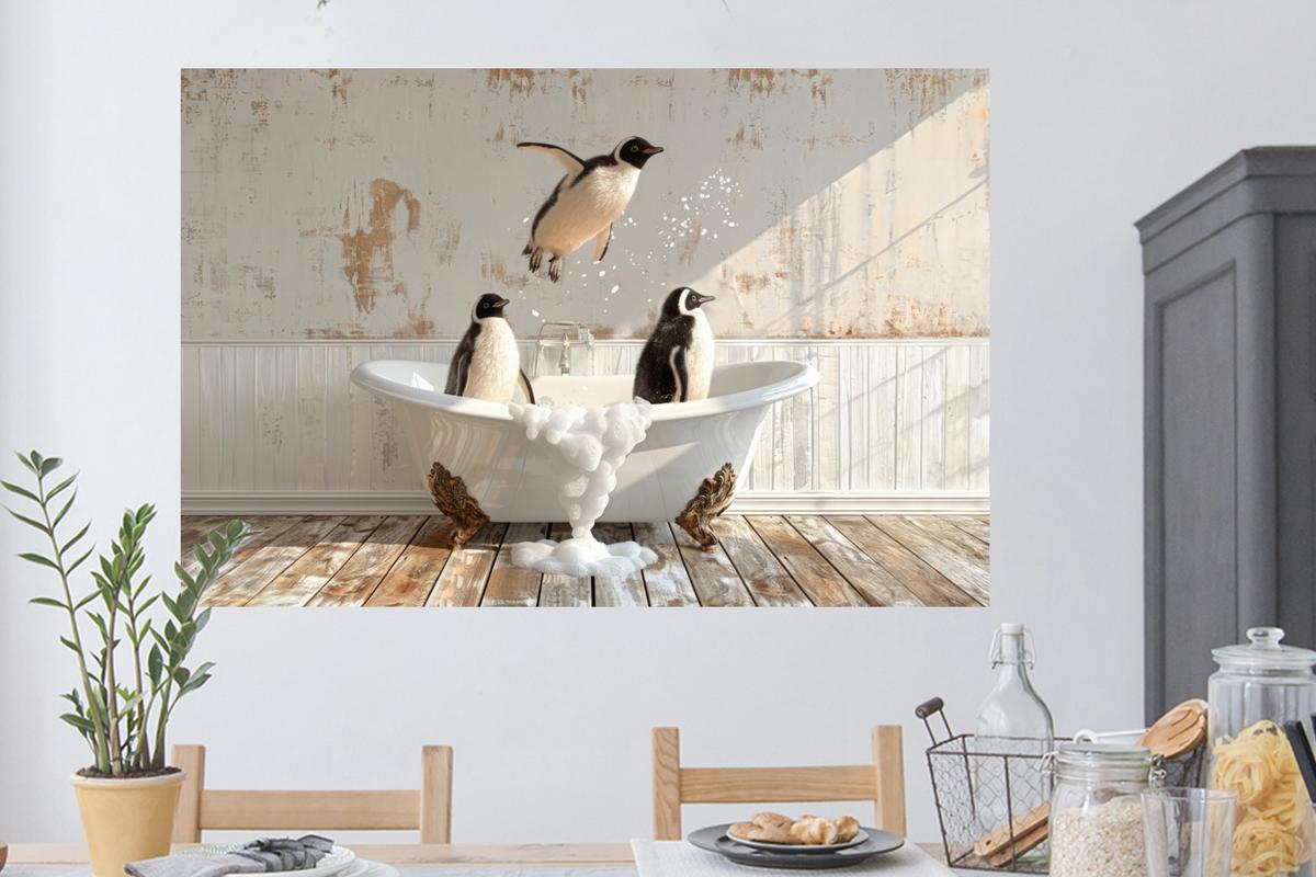 WANDTATTOO Vintage - Pinguin - Badewanne - Schaumstoff Wandsticker 120x80 cm - Schwarz, Kunststoff (120/80/0.1cm) - MuchoWow