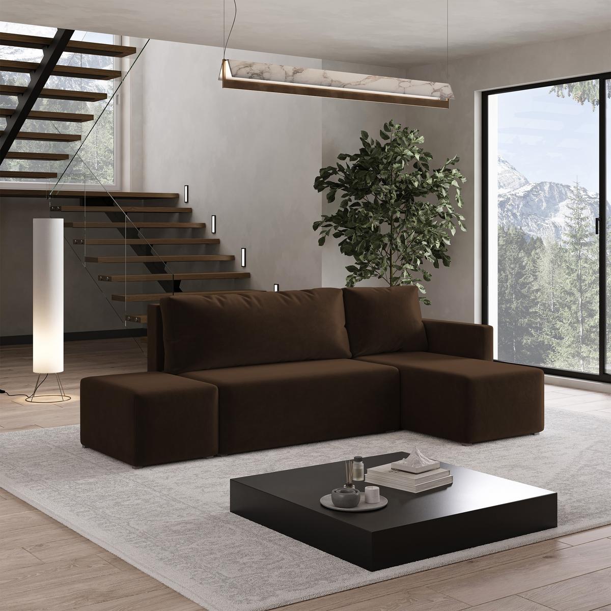 ECKSOFA VELOTTI R-S Braun Plüsch-Stoff mit Schlaffunktion - Braun, Holz (261/143cm) - MASSENO