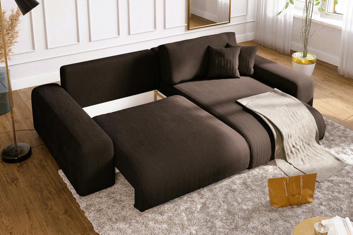 ECKSOFA mit Schlaffunktion, Bettkasten, Wellenunterfederung, seitenverkehrt montierbar B255/T165/H84 cm, Liegefl. 148x196 cm, Cord Dunkelbraun / 21003 - Dunkelbraun/Schwarz, Kunststoff/Textil (255/165cm) - luma-home