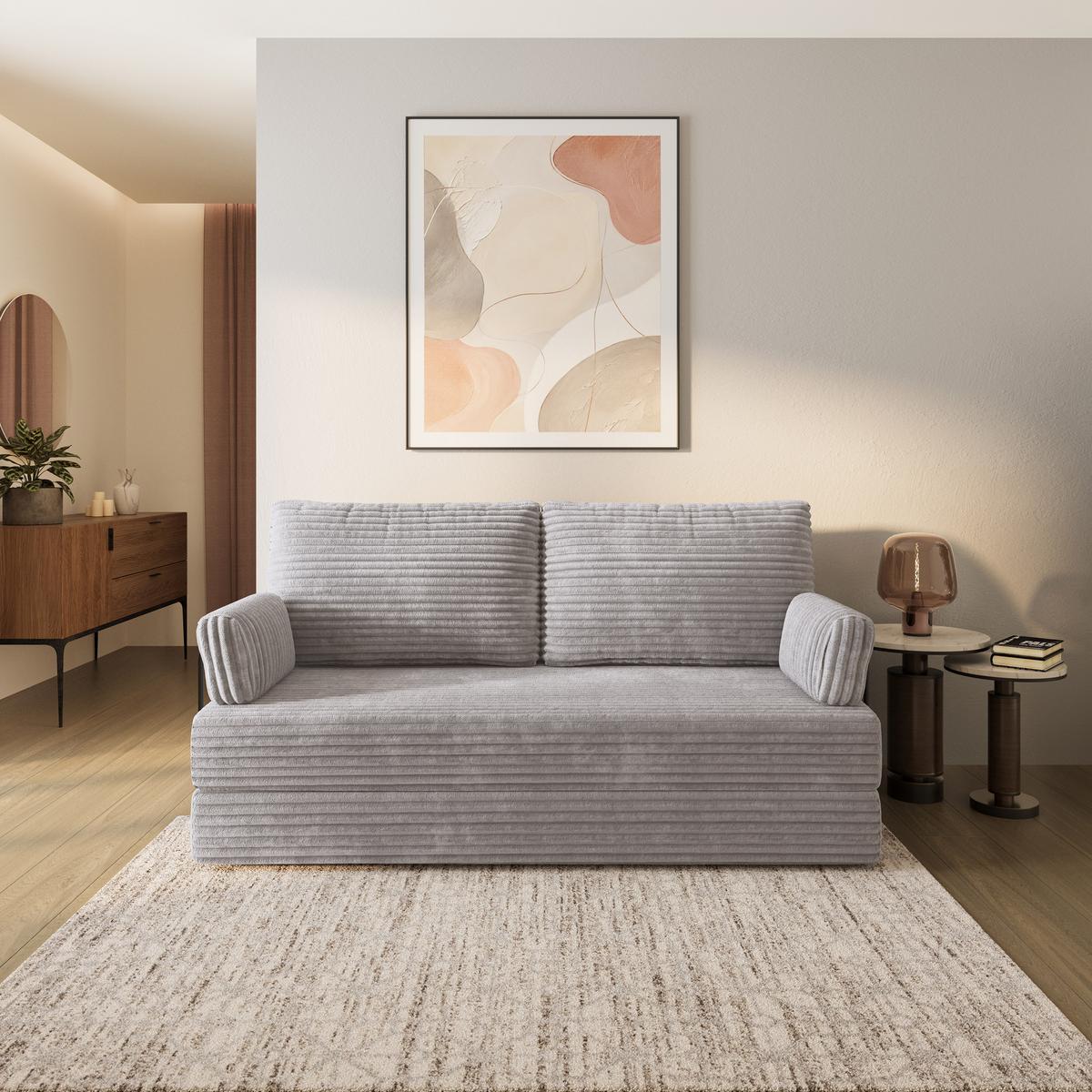 BETTSOFA SILAR aus Schaumstoff Cordstoff Hellgrau Schlaffunktion - Grau, Textil (170/86/80cm) - MASSENO