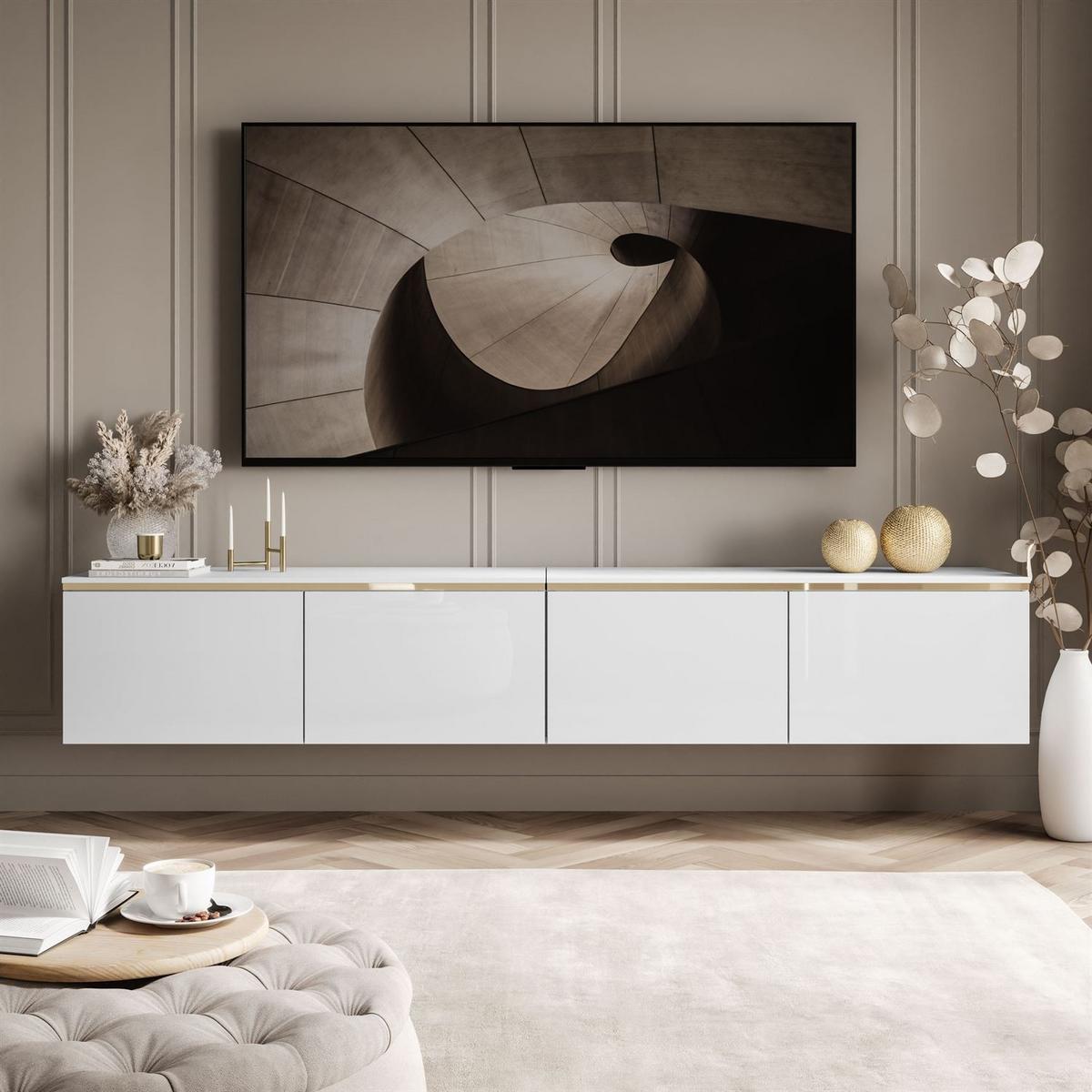 TV-RACK CELINE GLOSS 200 cm mit LED-Beleuchtung (hängend) - Weiß, Holzwerkstoff (200/35/40cm) - Lookway