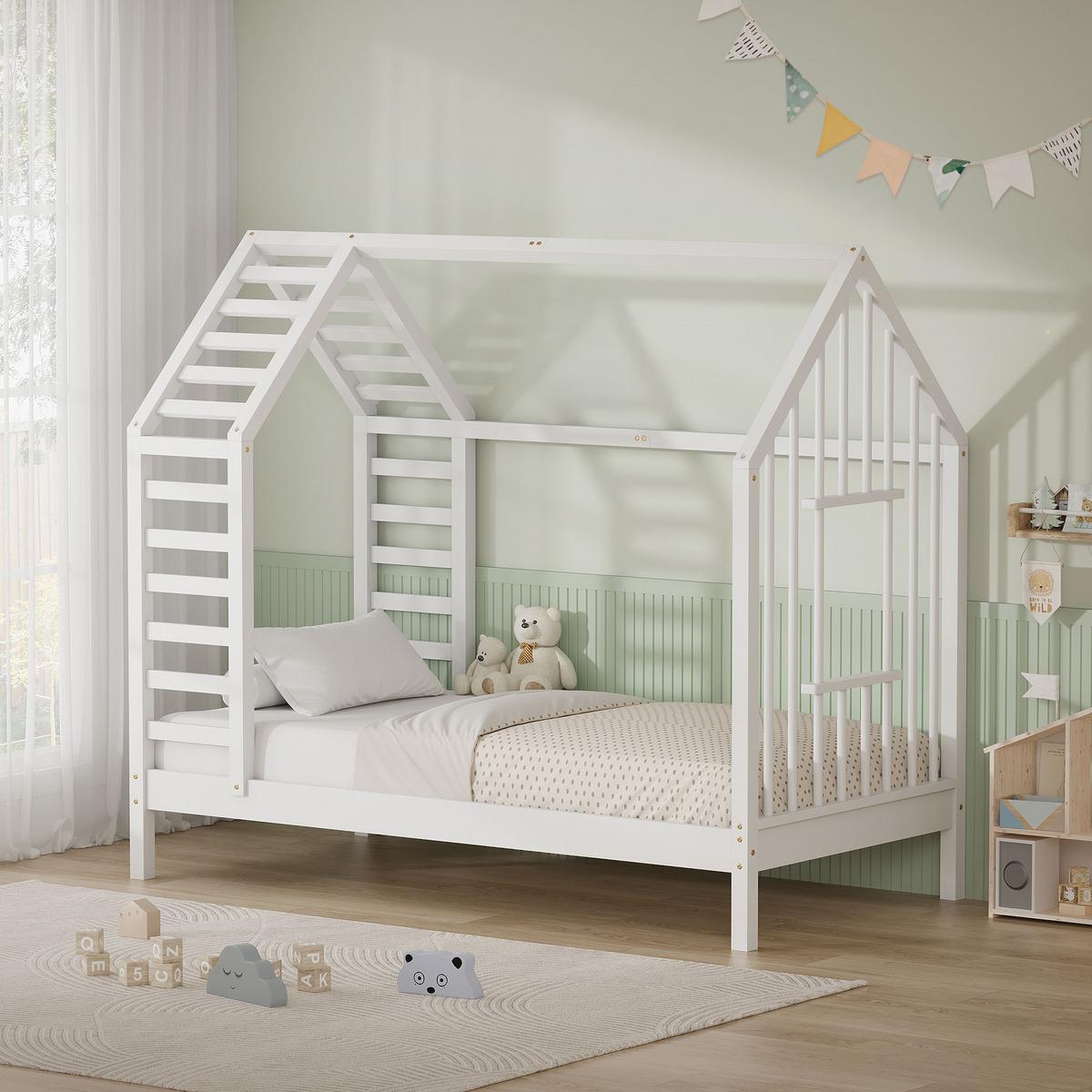 KINDERBETT 80x160 cm mit Lattenrost Dach und Fenster Hausbett aus massivem Kiefernholz Weiß - Weiß, Holz (80/160cm) - ML-DESIGN
