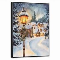 LEINWAND Bilder mit Rahmen - Weihnachtsdorf - Häuser - Schnee - Weihnachten - 50x70 - Sandfarben, Textil (50/70cm) - MuchoWow