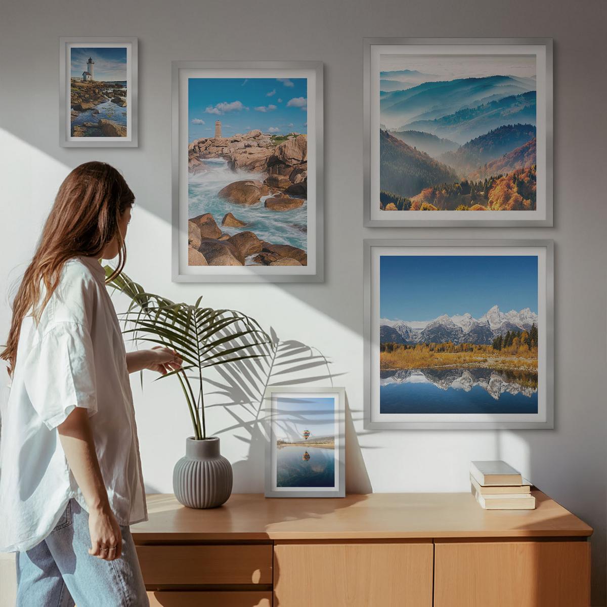 BILDER SET 5er Set - 50x50 cm & 20x30 cm & 40x60 cm Silberner Rahmen - Ausblicke auf die Natur, Leuchtturm, Berge - Silberfarben, Kunststoff (40/60cm) - TULUP