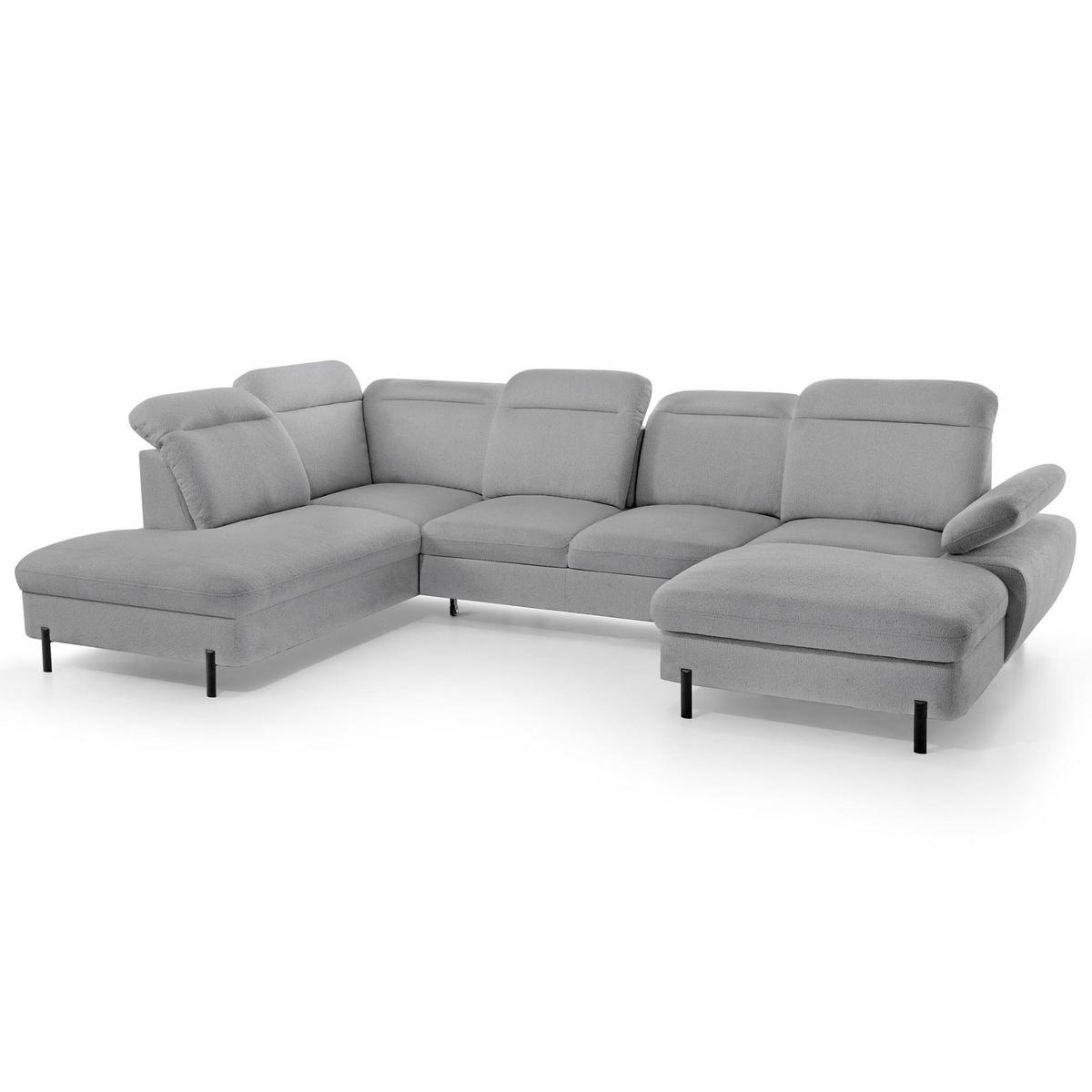 WOHNLANDSCHAFT Sora U mit Schlaffunktion und verstellbarer Sitztiefe, Kopfstützen und Armlehne, 365 cm, Grau, Rechts - Schwarz/Grau, Textil (365/107/235cm) - Beautysofa