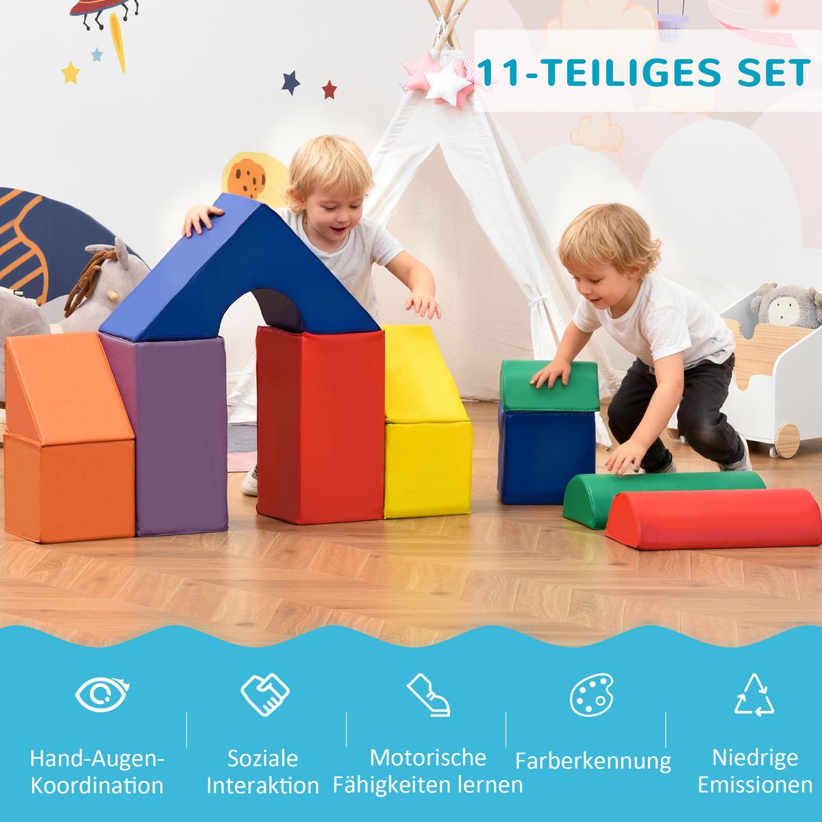 11-TLG. Softbausteine, Schaumstoffbausteine, Bausteinset zum Toben, Klettern - Multicolor, Kunststoff (25/25cm) - HOMCOM
