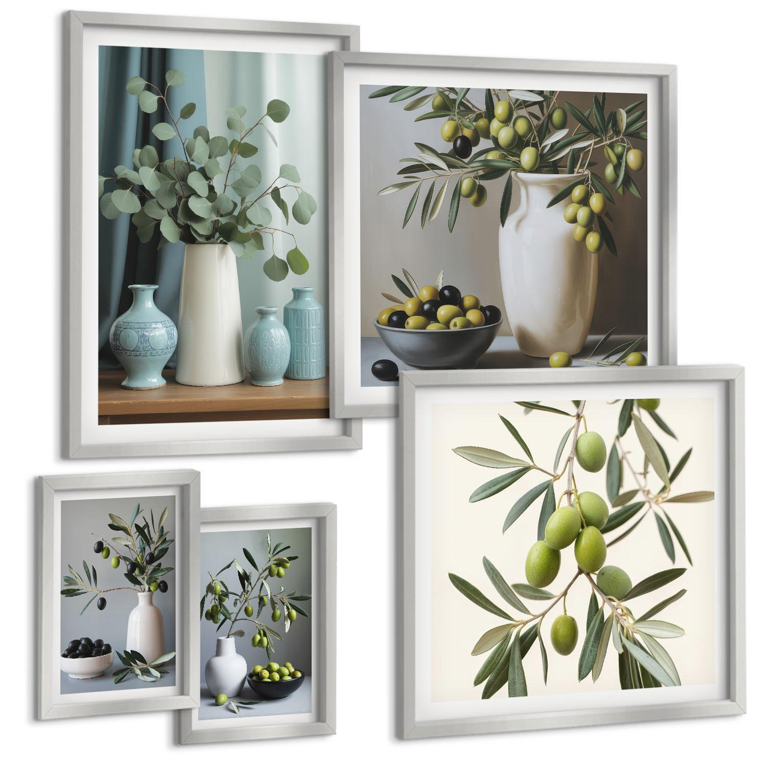 BILDER SET 5er Set - 50x50 cm & 20x30 cm & 40x60 cm Silberner Rahmen - Löwenzahnblüten, pastellfarbene Gräser - Silberfarben, Kunststoff (40/60cm) - TULUP