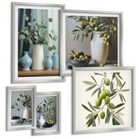 BILDER SET 5er Set - 50x50 cm & 20x30 cm & 40x60 cm Silberner Rahmen - Löwenzahnblüten, pastellfarbene Gräser - Silberfarben, Kunststoff (40/60cm) - TULUP