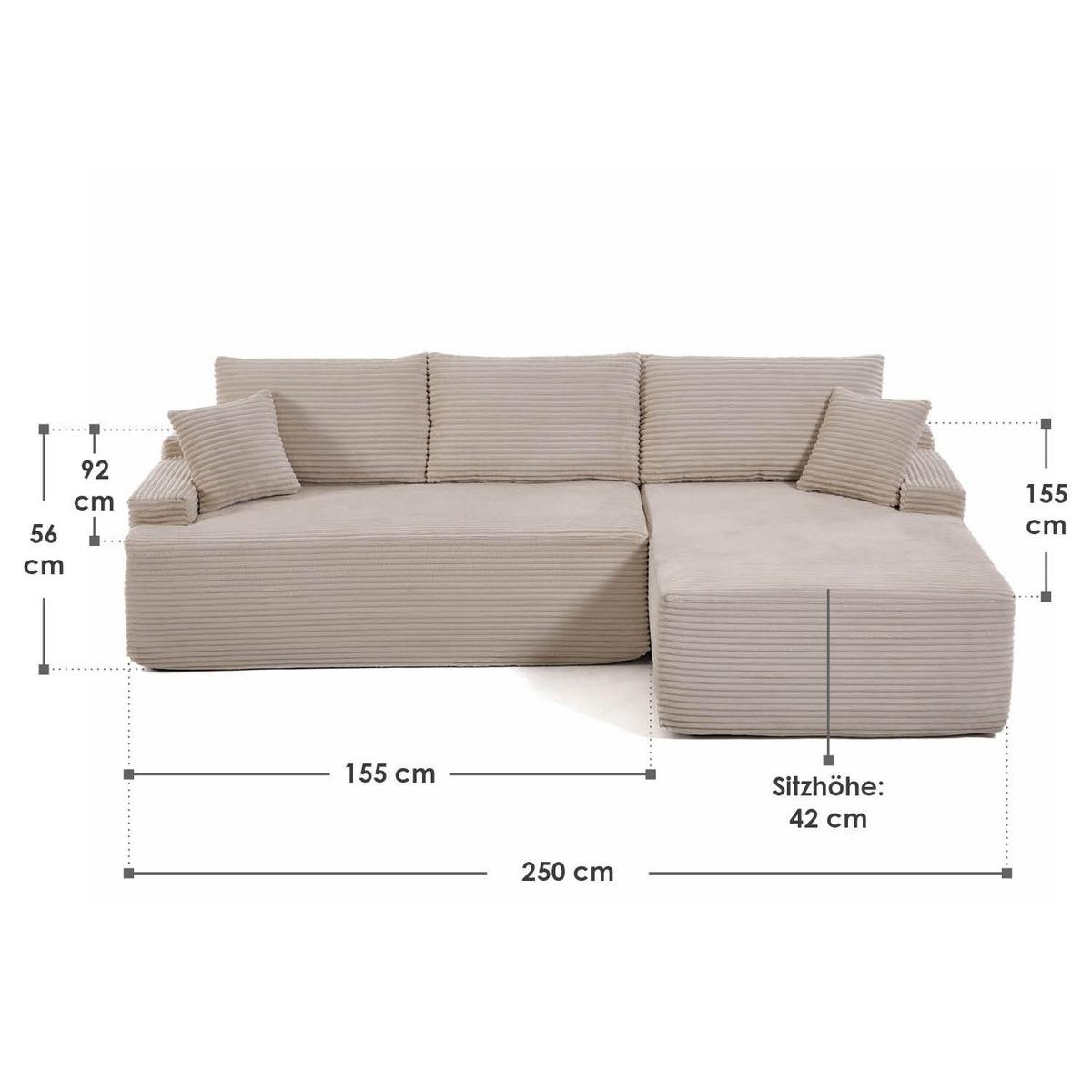 SOFA Coredo taupe Cord - Taupe, Textil (250/155cm) - Juskys