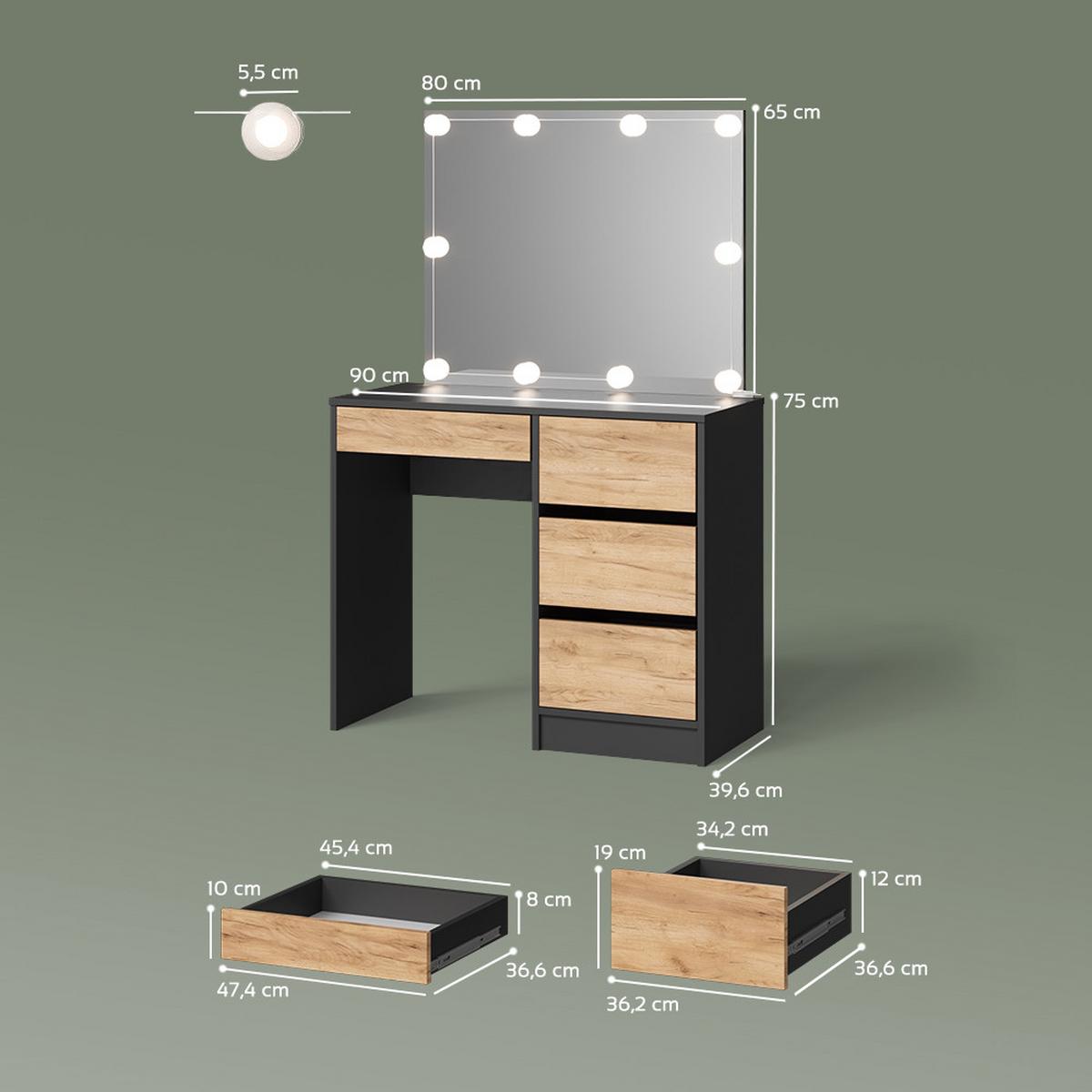 SCHMINKTISCH Imola Anthrazit/Goldkraft Eiche 90 cm mit LED Beleuchtung - Honigeiche/Anthrazit, Holzwerkstoff (90/75/55cm) - Livinity®