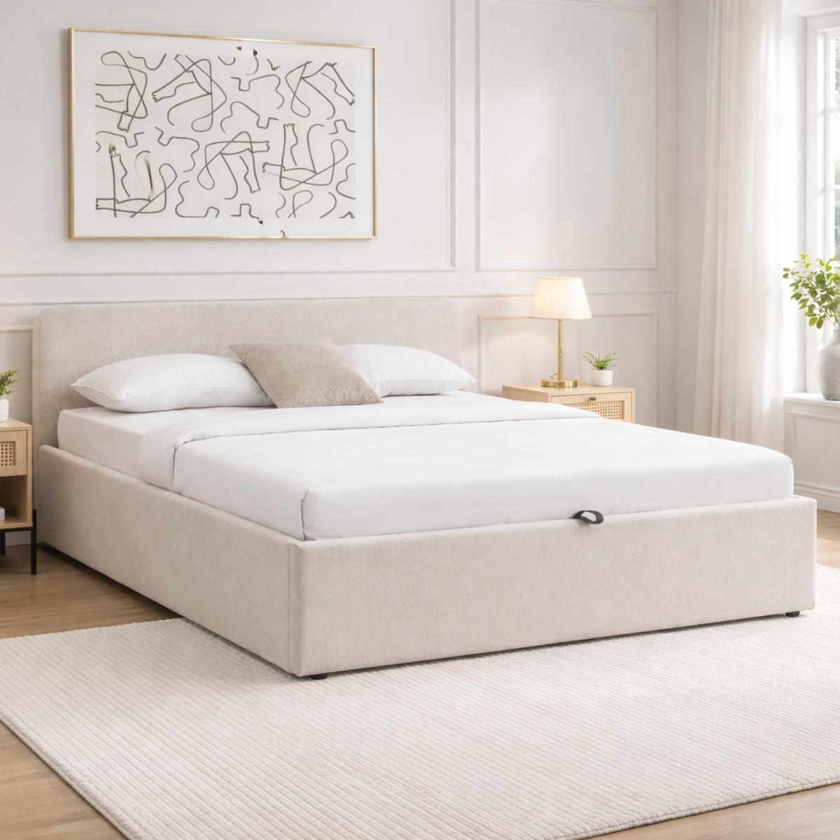 BETT mit Stauraum 140 x 190 cm mit Kopfteil aus grauem Stoff 150/88/205 cm - Grau, Holz (190/140cm) - Calicosy