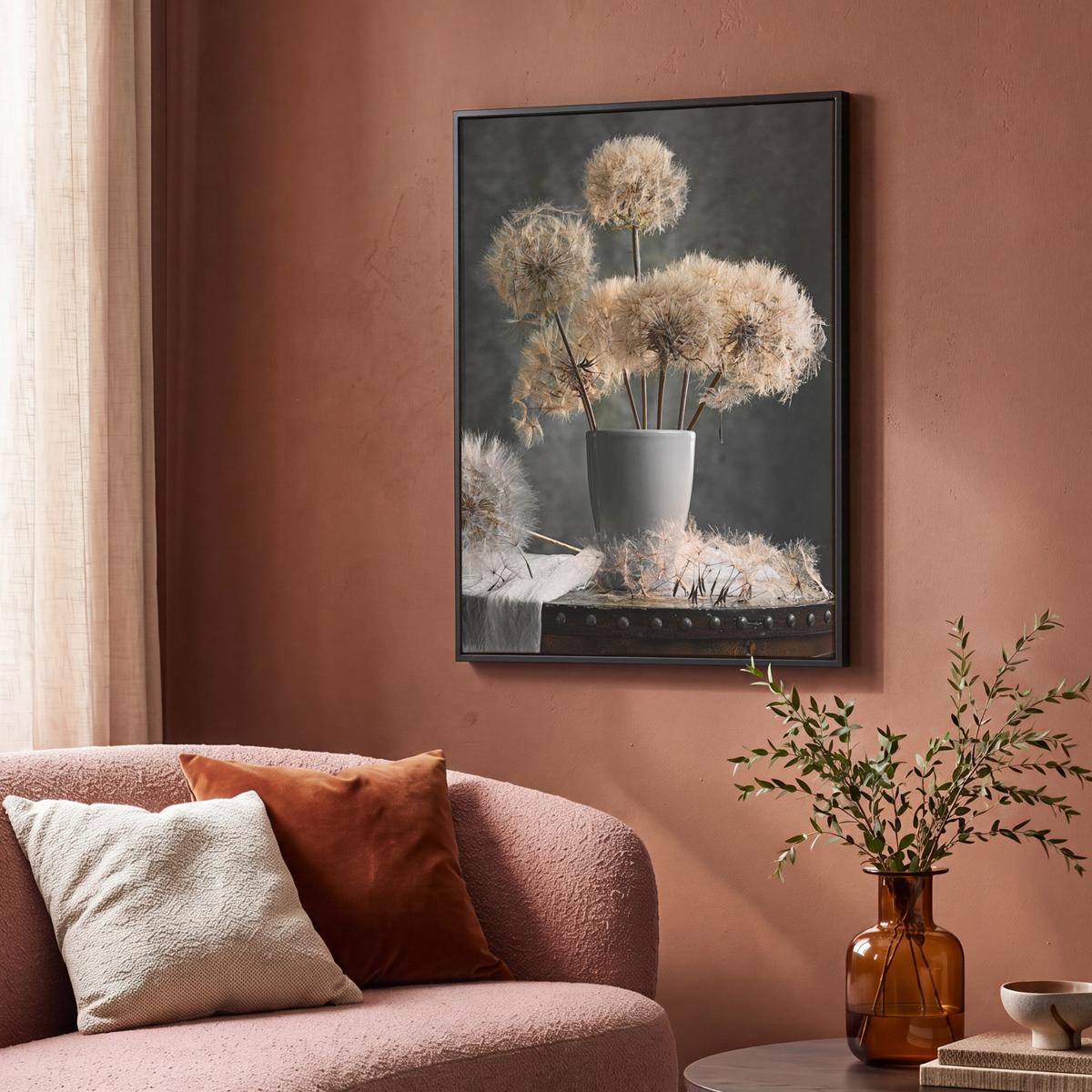 LEINWAND Bilder mit Rahmen - Blumensamen - Löwenzahn - Vase - Stilleben - Blumenstrauß - 70x100 - Dunkelgrau, Textil (70/100cm) - MuchoWow