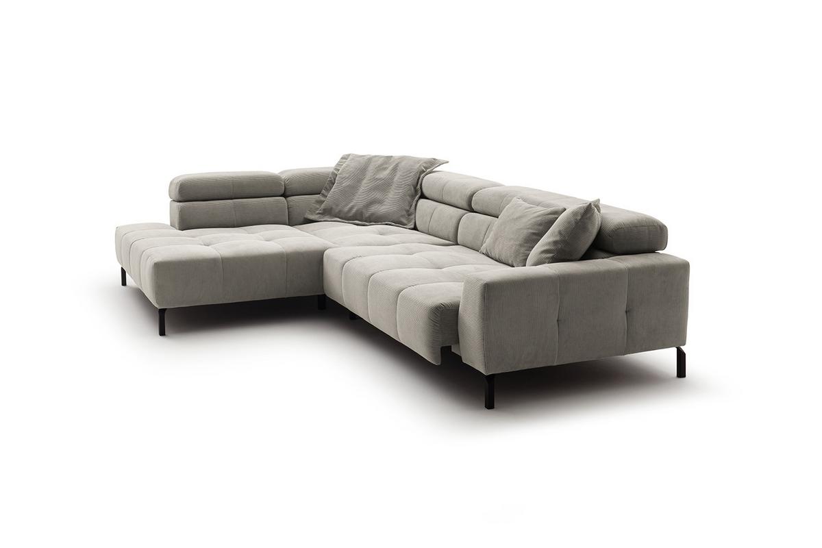 ECKSOFA MIT MOTORISCHEM SITZVORZUG OHIO Silber Cord Relaxfunktion - Silberfarben/Schwarz, Textil/Metall (311/219cm) - KAWOLA