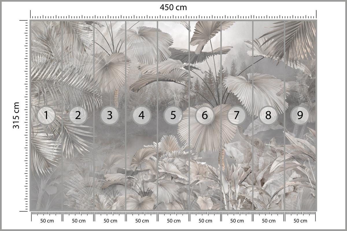 FOTOTAPETE für Wohnzimmer Tropische Blätter Dschungel Palmen Grau 450x315 - Beige/Grau, Papier (450/315cm) - Muralo