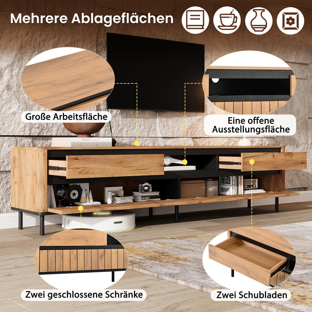 TV-LOWBOARD 180cm Naturholz & Schwarz mit 2 Schubladen & 2 Klapptüren - Schwarz/Naturfarben, Holzwerkstoff (180/52/40cm) - Urban Meuble