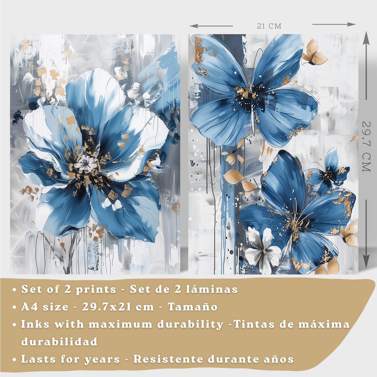 POSTER 2er-Set Wandbilder Blumen Blau Braun modern Wohnzimmer Deko, Schlafzimmer, Küche, Badezimmer Schwarzer Rahmen A4 - Schwarz, Papier (29.7/1/21cm) - Nacnic