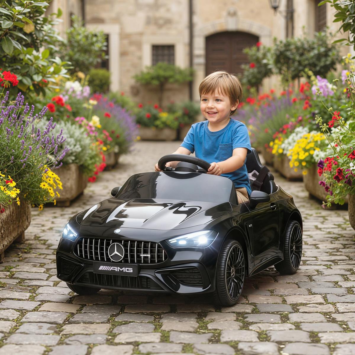 KINDER-ELEKTROAUTO 2 x 12V Kinderauto mit Musik, MP3, Sanftem Start/Stopp - Schwarz, Kunststoff (99/55/43cm) - AIYAPLAY