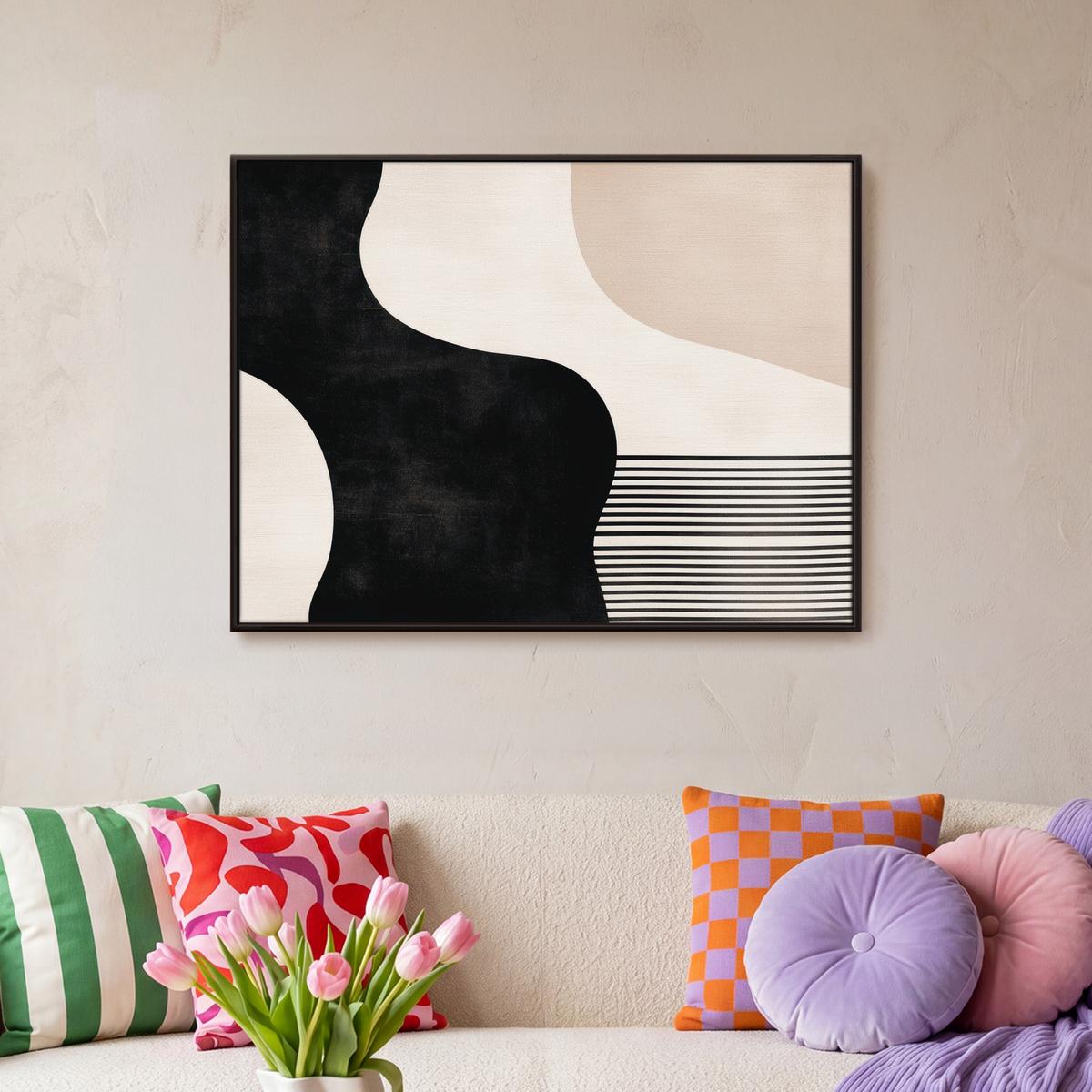 LEINWAND Bilder mit Rahmen - Abstrakt - Japandi - Beige - Modern - 80x60 - Schwarz, Textil (80/60cm) - MuchoWow
