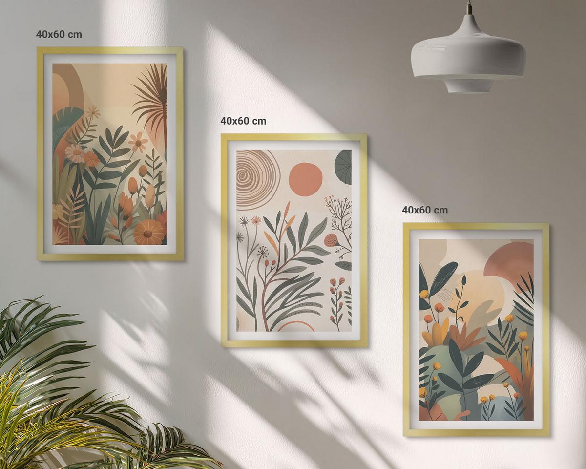 BILDER SET 3er Set - 40x60 cm Goldrahmen - Pflanzenmotive in gedeckten Farben - Goldfarben, Kunststoff (40/60cm) - TULUP