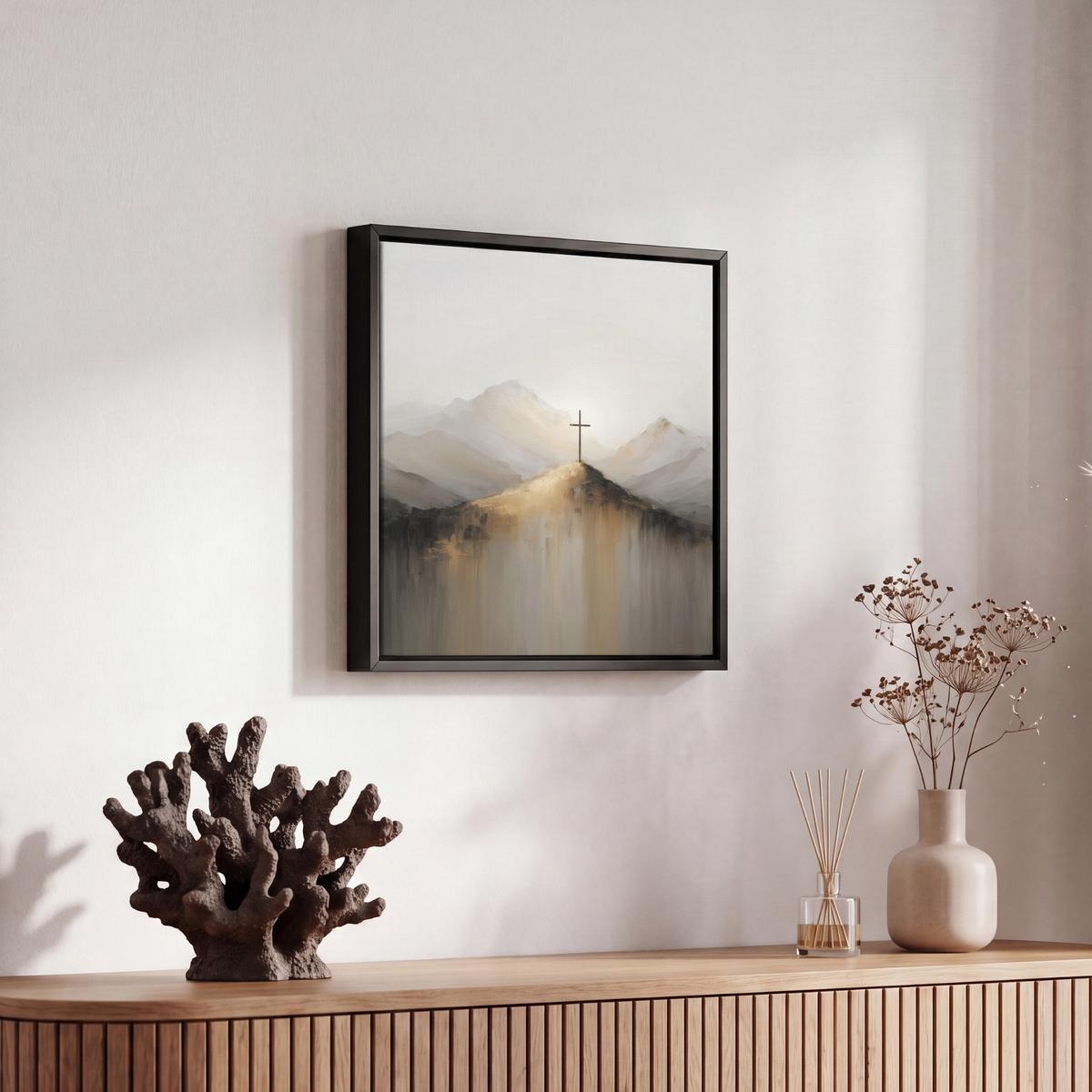 LEINWAND Bilder mit Rahmen - Hügel - Abstrakt - Kreuz - Christentum - 20x20 - Beige, Textil (20/20cm) - MuchoWow