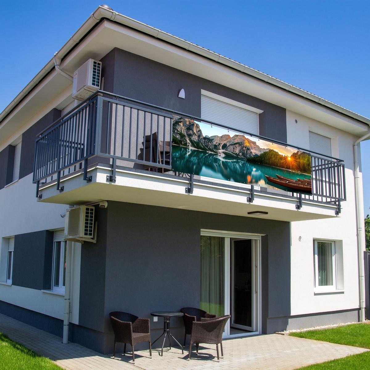 BALKON-SICHTSCHUTZ See - Berge - Sonnenuntergang - Boot Windschutz 300x100 cm - Petrol, Kunststoff (300/100cm) - MuchoWow