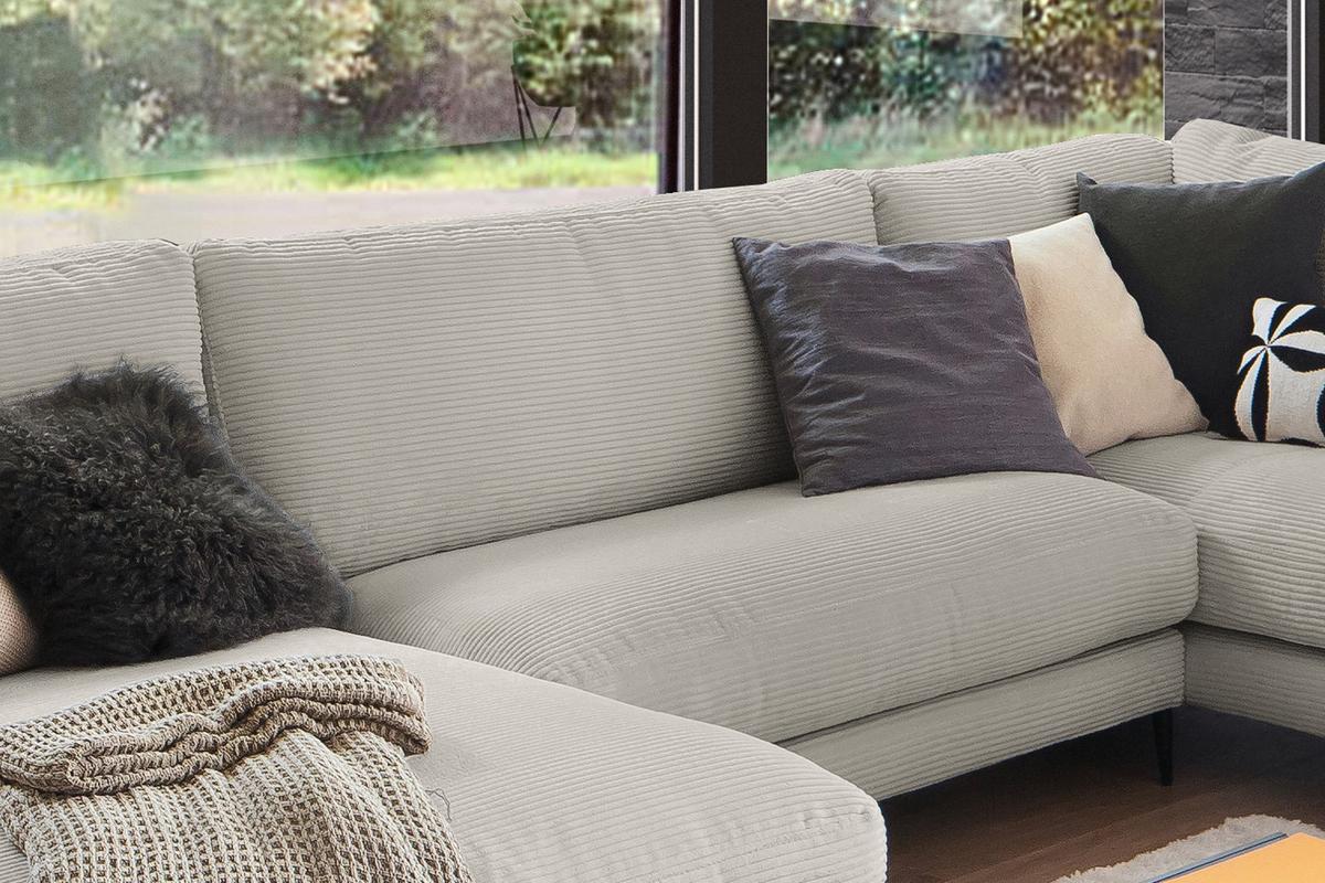 WOHNLANDSCHAFT CARA Steingrau Cord - Greige/Schwarz, Textil (341/84/223cm) - KAWOLA