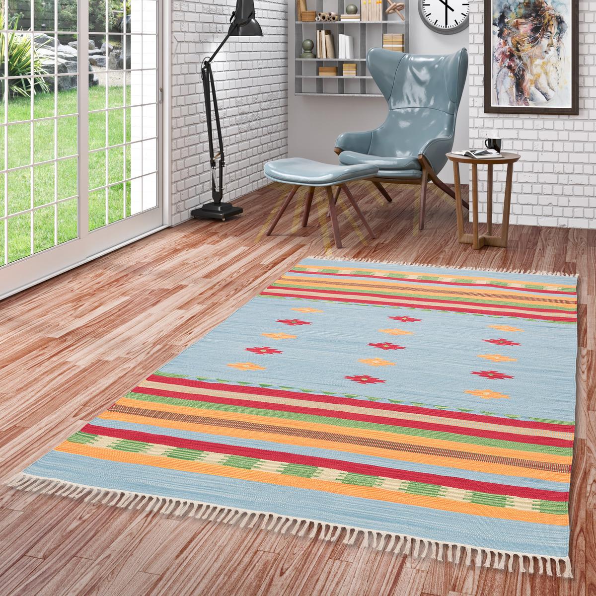 BAUMWOLLE NATUR KELIM TEPPICH LINA STRIPES - Blau, Textil (60/90cm) - Pergamon