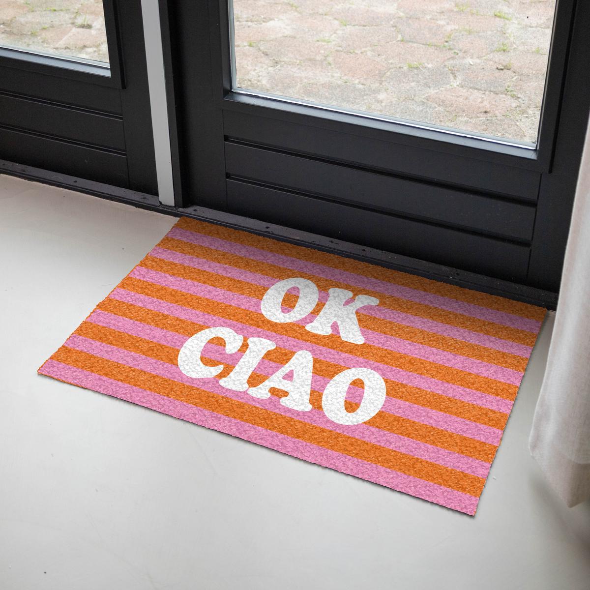 FUSSMATTE Ciao - Zitat - Streifen Sauberlaufmatte 90x60 cm - Orange, Kunststoff (90/0.4cm) - MuchoWow