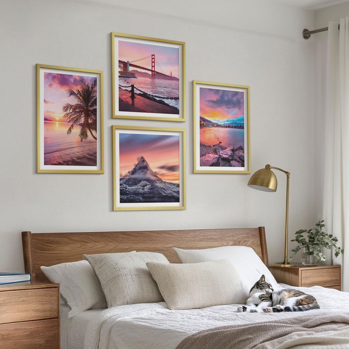 BILDER SET 4er Set - 50x50 cm & 40x60 cm Goldrahmen - Sonnenuntergangsbrücke Landschaft - Goldfarben, Kunststoff (50/50cm) - TULUP