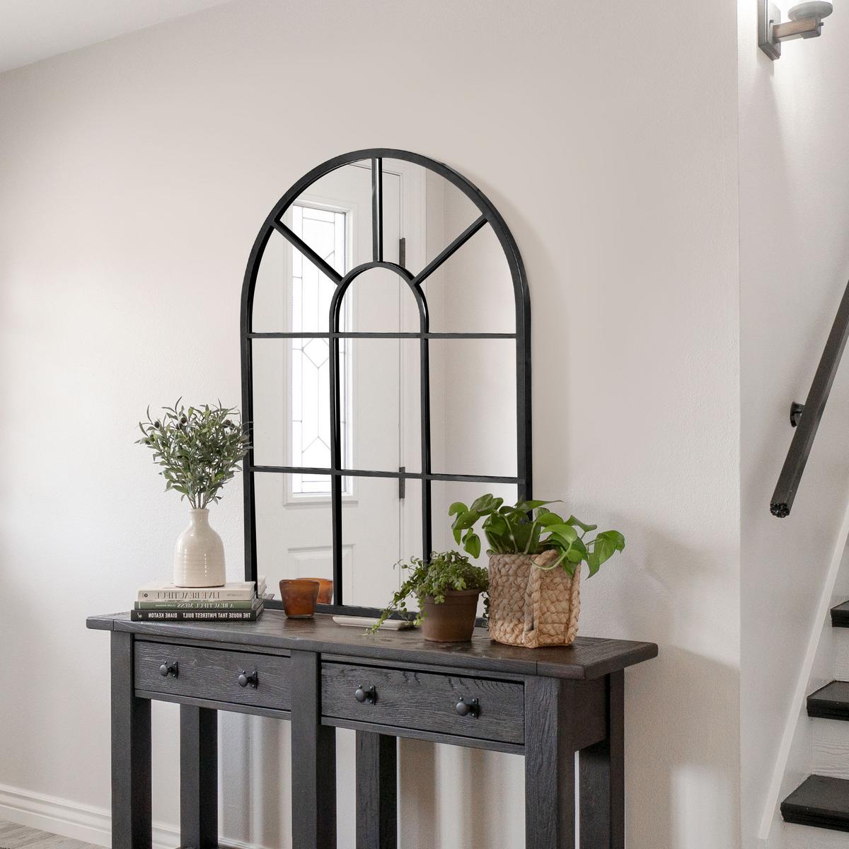 91 x 60 cm Wandspiegel Bogenfenster-Spiegel Wohnzimmerspiegel Schwarz Metall - Schwarz, Glas/Metall (2/60/91cm) - HOMCOM