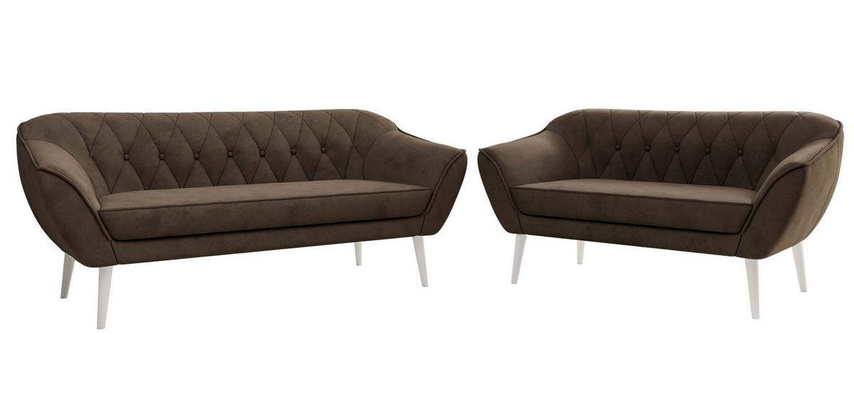 SITZGARNITUR PIRS 3+2 - Braun Velvet - Weiße Beine - Dunkelbraun/Braun, Holzwerkstoff/Textil (180/75/74cm) - MKS
