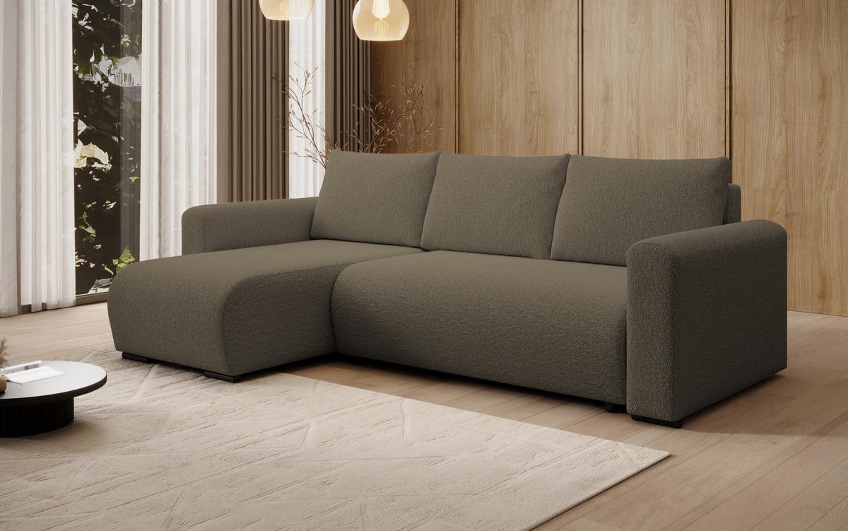 ECKSOFA DORA L, Eckcouch in L-Form mit Schlaffunktion und Bettkasten, Farbe: Cappuccino, Bouclé-Stoff, Ottomane Links - Cappuccino, Textil (240/143cm) - Storez24