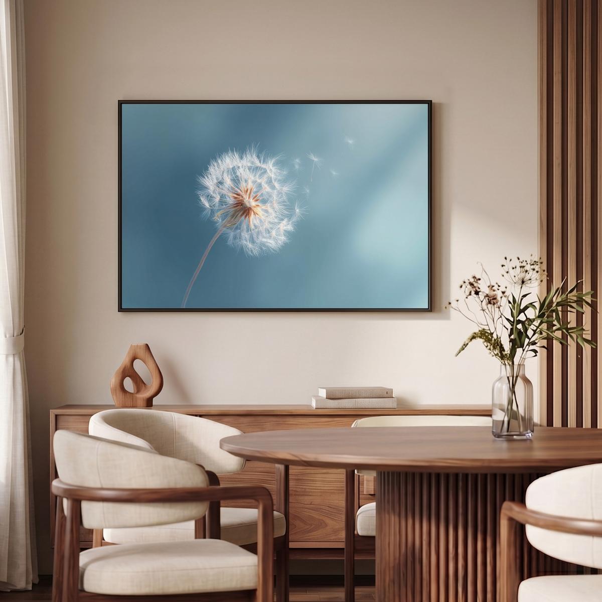 LEINWAND Bilder mit Rahmen - Löwenzahn - Wind - Blau - 90x60 - Blaugrau, Textil (90/60cm) - MuchoWow