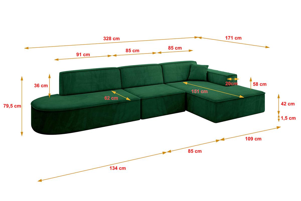 ECKSOFA Ottomane Rechts IREA-L2-v4 - 328x171x79 cm Grün - Grün, Holzwerkstoff/Textil (171/328cm) - ALTDECOR