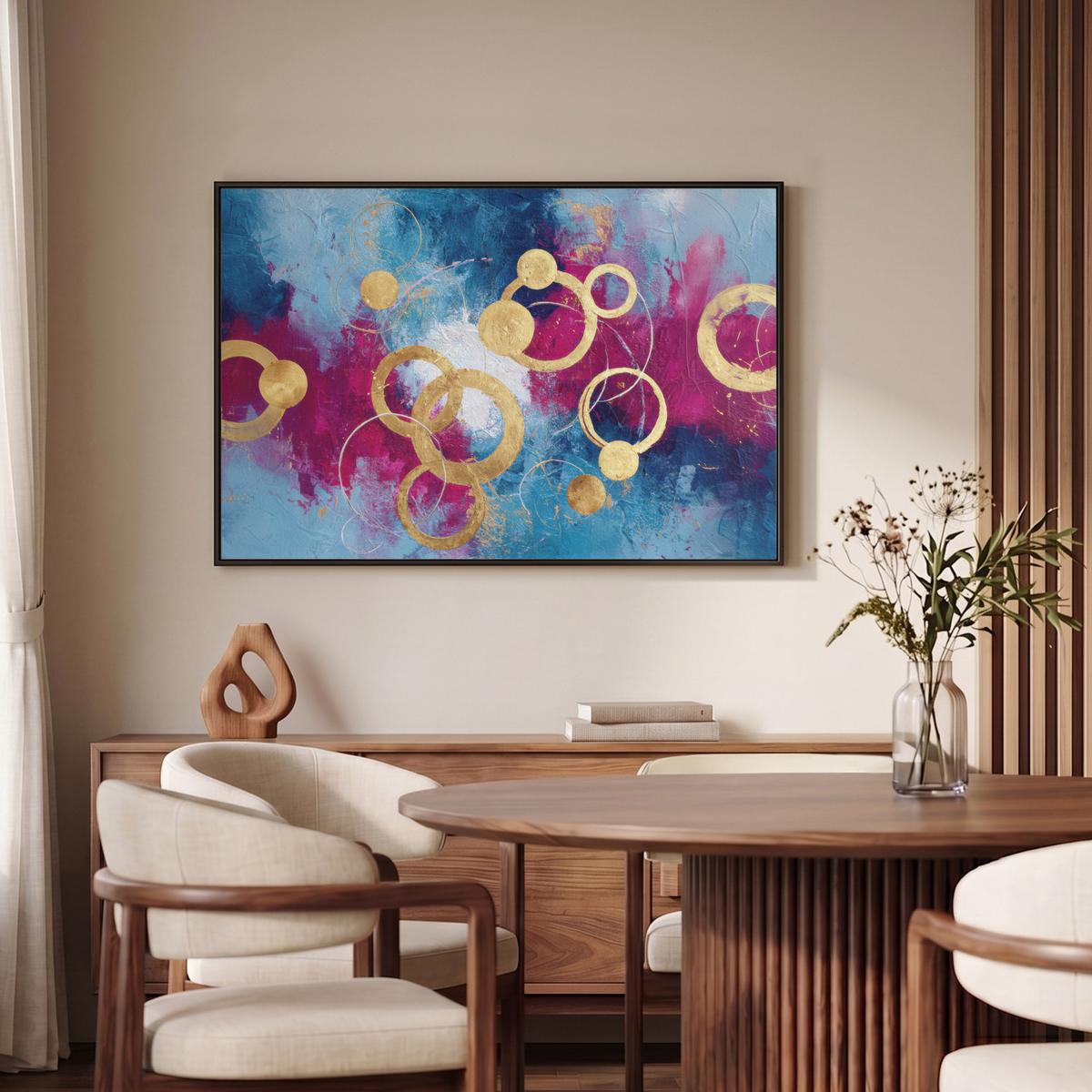 LEINWAND Bilder mit Rahmen - Kreise - Gold - Abstrakt - 90x60 - Blau, Textil (90/60cm) - MuchoWow