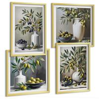 BILDER SET 4er Set - 50x50 cm & 40x60 cm Goldrahmen - Oliven in Keramikgrau - Goldfarben, Kunststoff (50/50cm) - TULUP