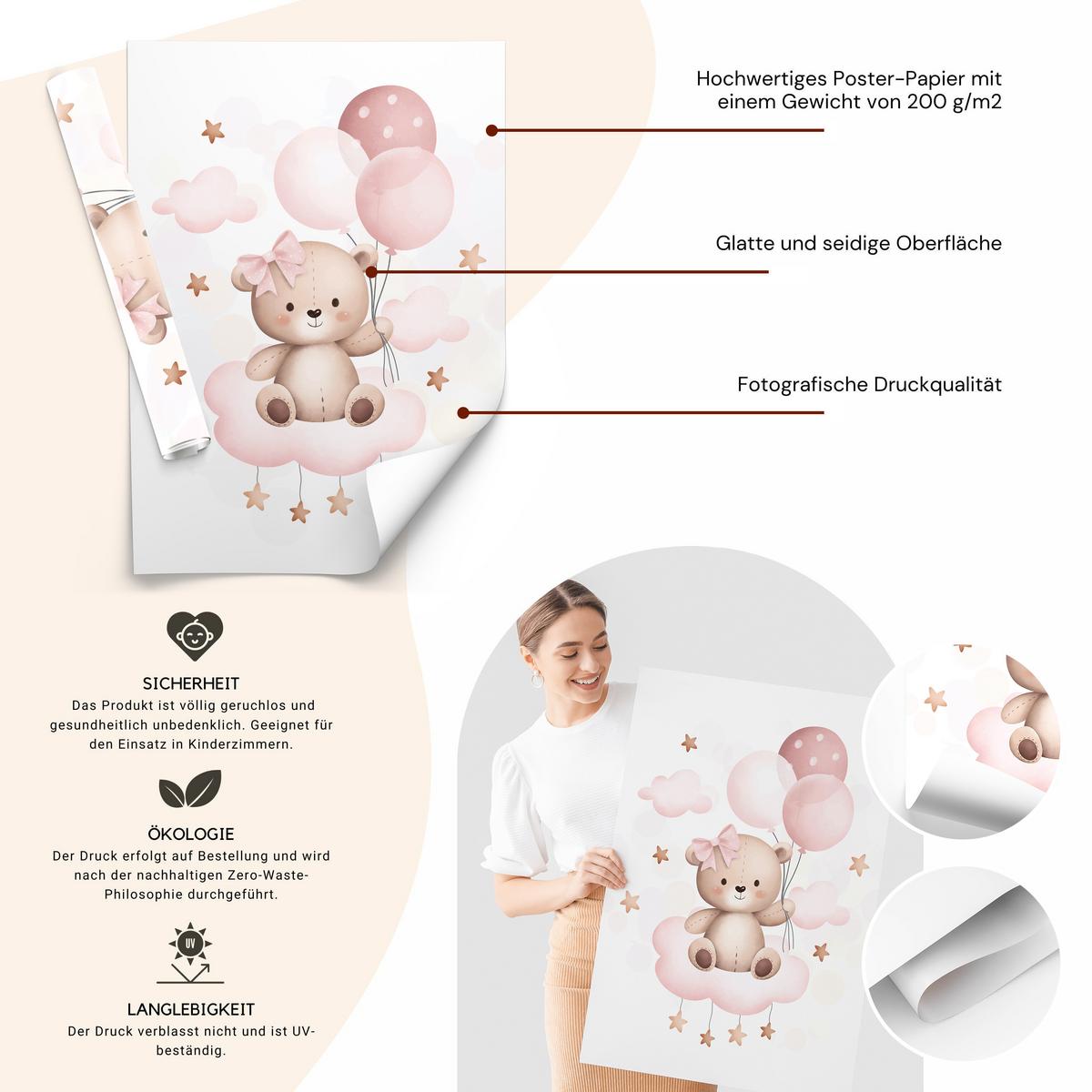POSTER SET für Kinderzimmer Teddybären Ballons Wolken Sterne 3x Poster A4 21x30cm - Beige/Rosa, Papier (21/30/1cm) - Muralo