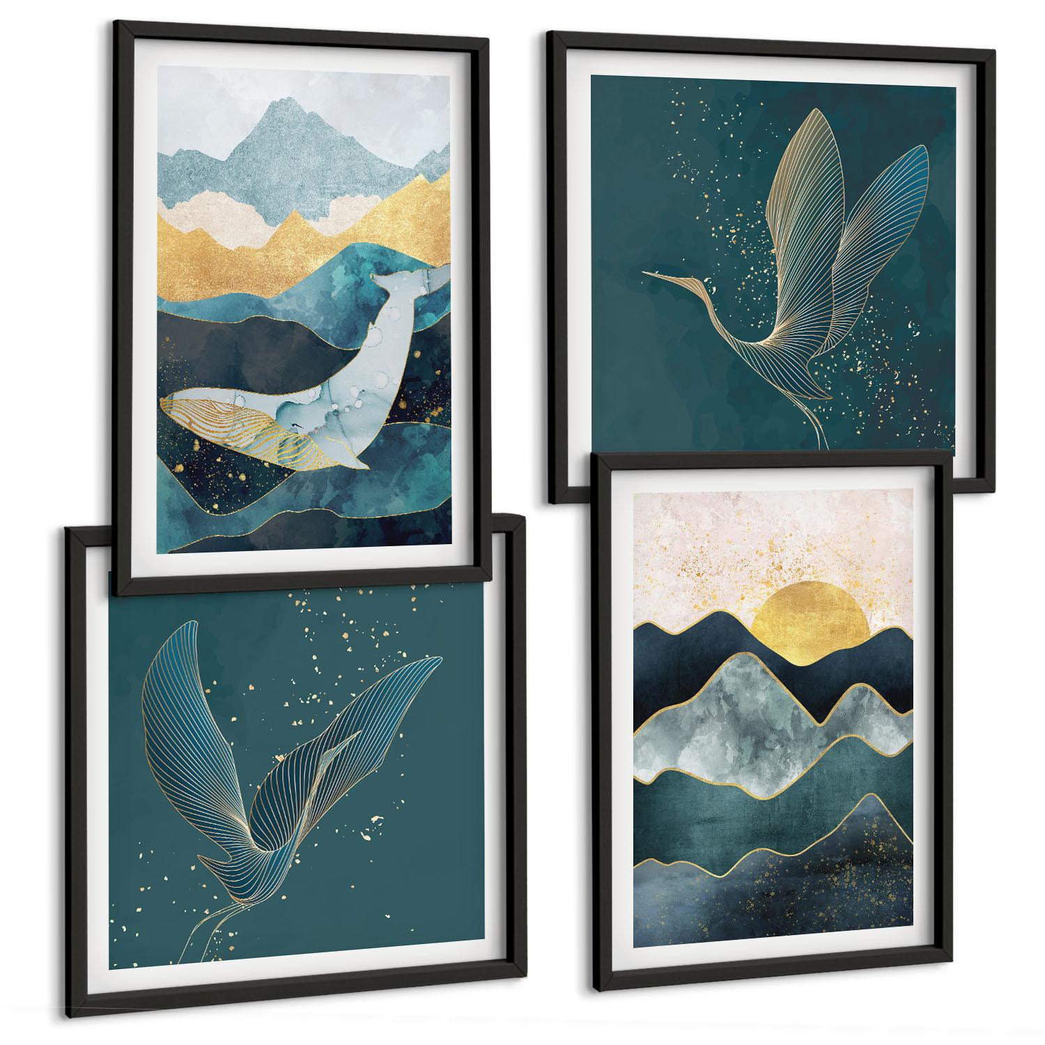 BILDER SET 4er Set - 50x50 cm & 40x60 cm Schwarzer Rahmen - Abstrakte Kranichberge - Schwarz, Kunststoff (50/50cm) - TULUP